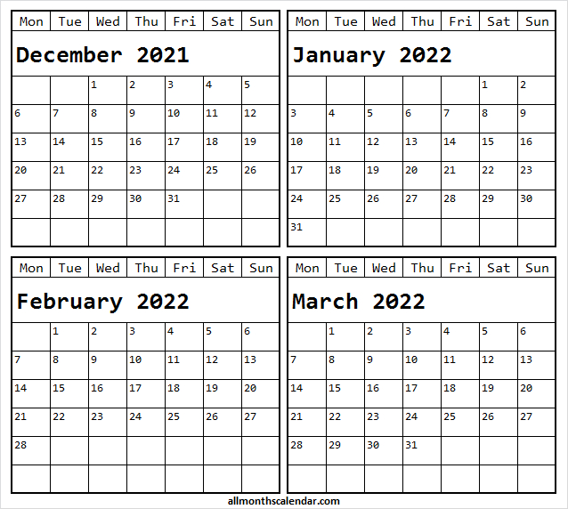 December 2021 To March 2022 Blank Calendar - Dec Calendar