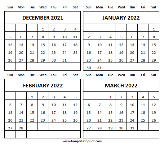 December 2021 To March 2022 Calendar Image - Editable 2021