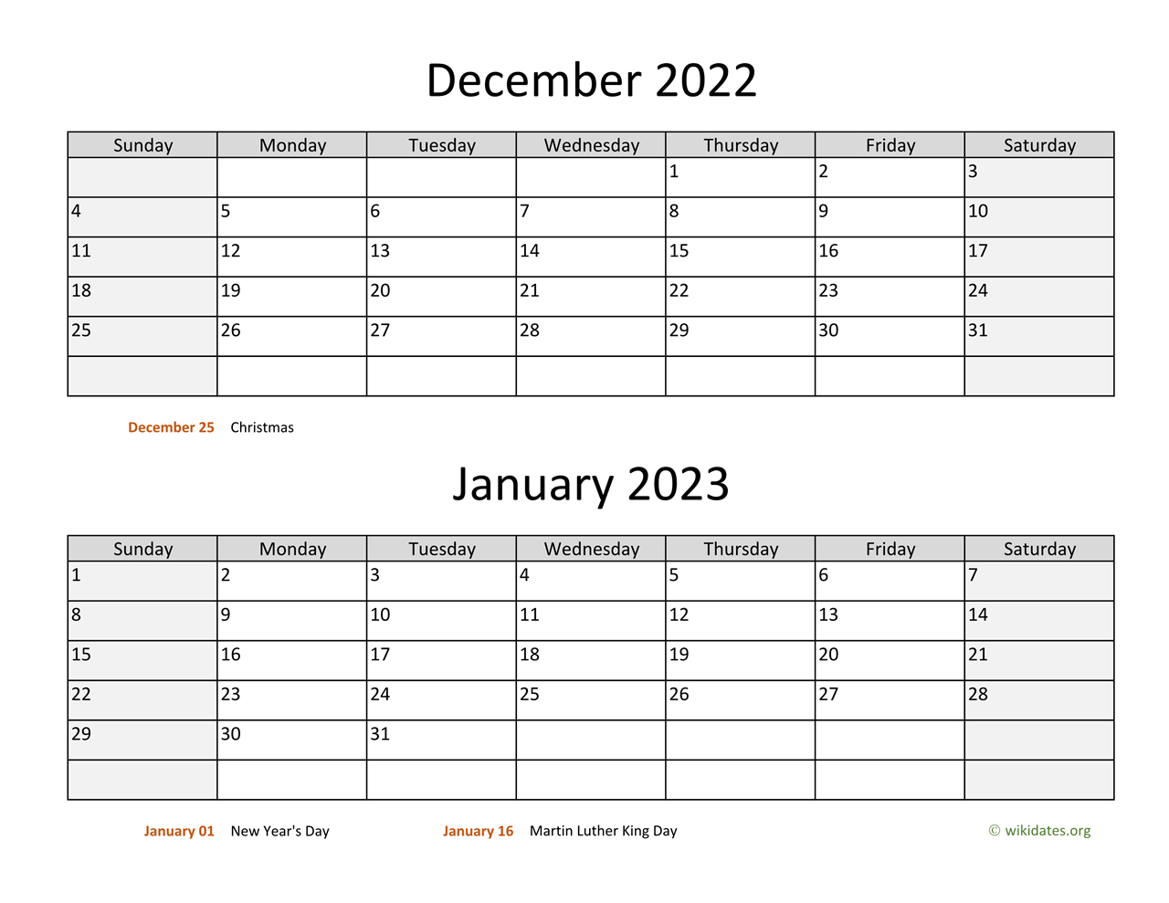 December 2022 And January 2023 Calendar | Wikidates