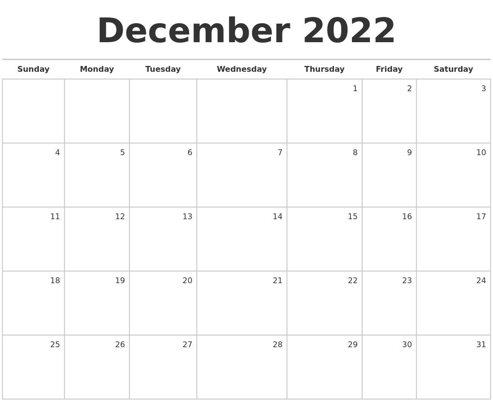 December 2022 Blank Monthly Calendar