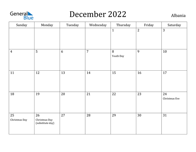 December 2022 Calendar - Albania