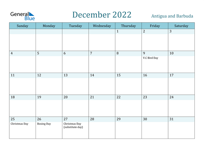 December 2022 Calendar - Antigua And Barbuda