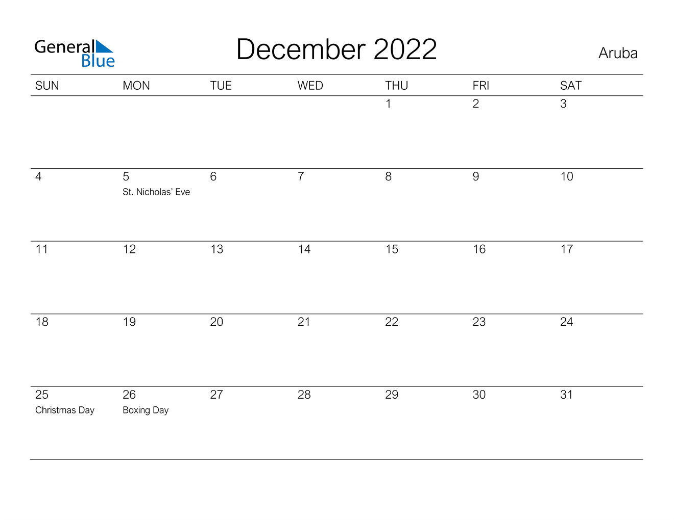 December 2022 Calendar - Aruba