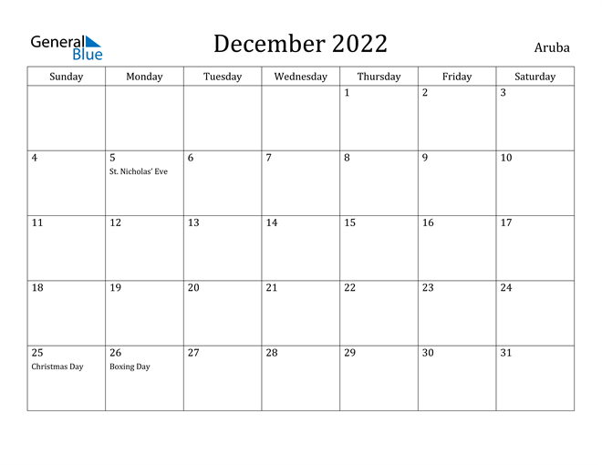 December 2022 Calendar - Aruba