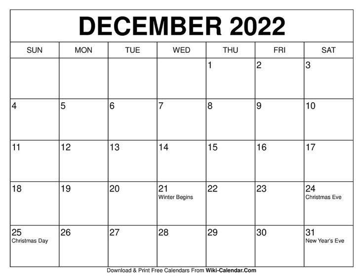 December 2022 Calendar | Calendar Printables, Free Calendar Template, Monthly Calendar Printable
