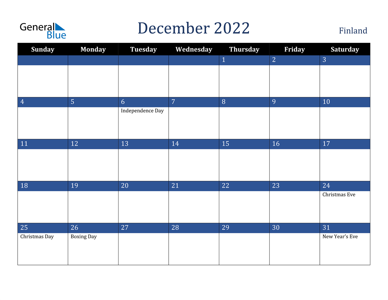 December 2022 Calendar - Finland