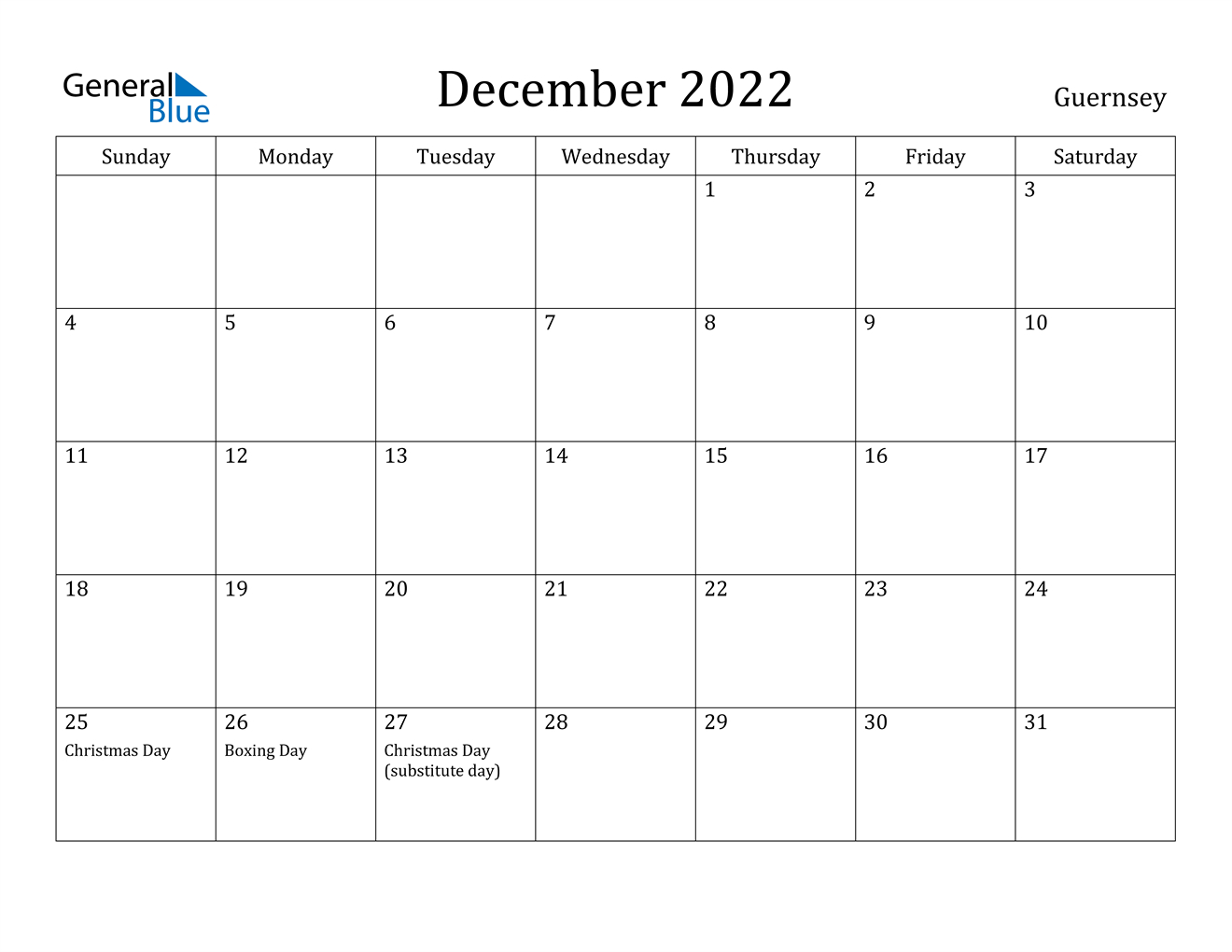 December 2022 Calendar - Guernsey