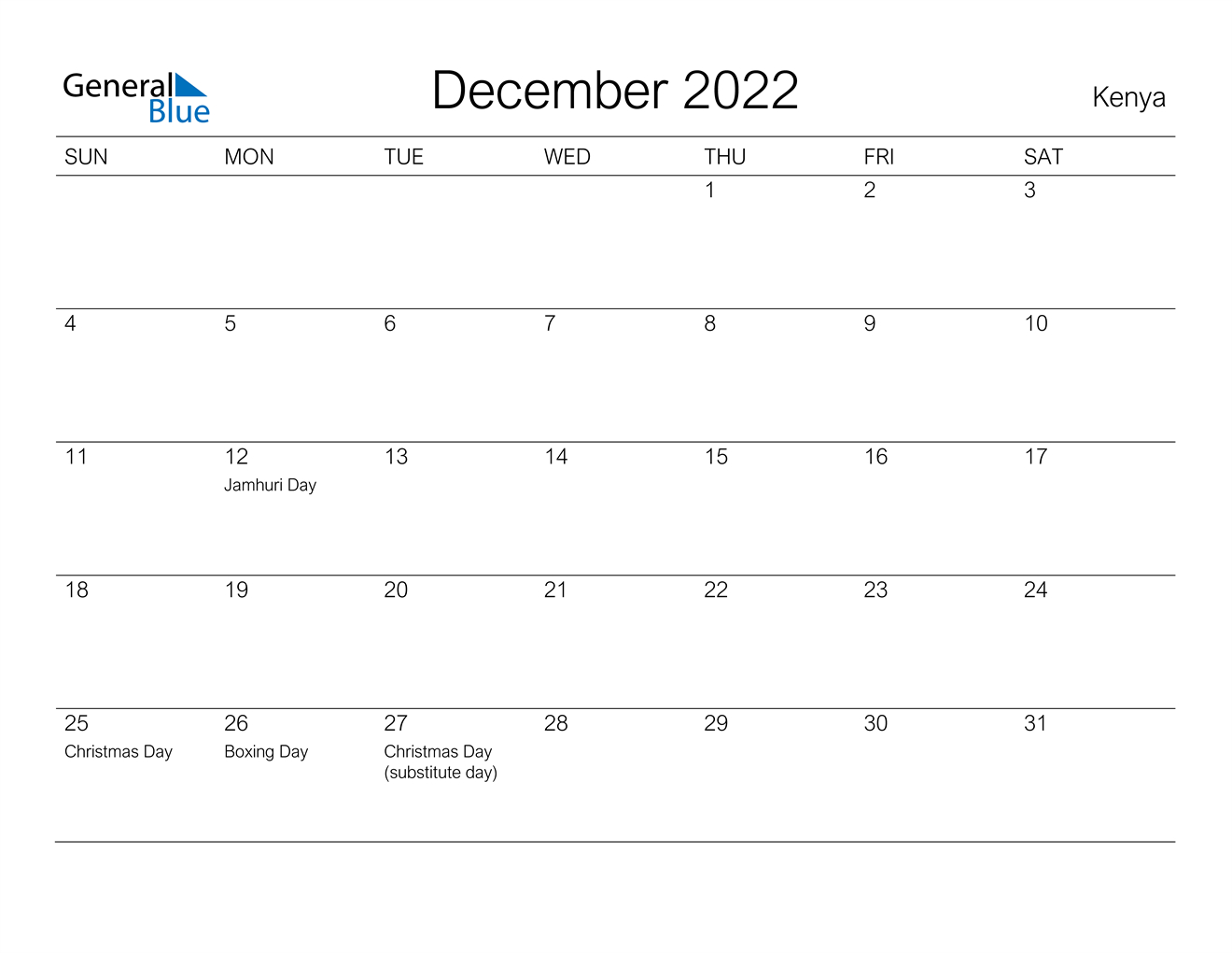 December 2022 Calendar - Kenya