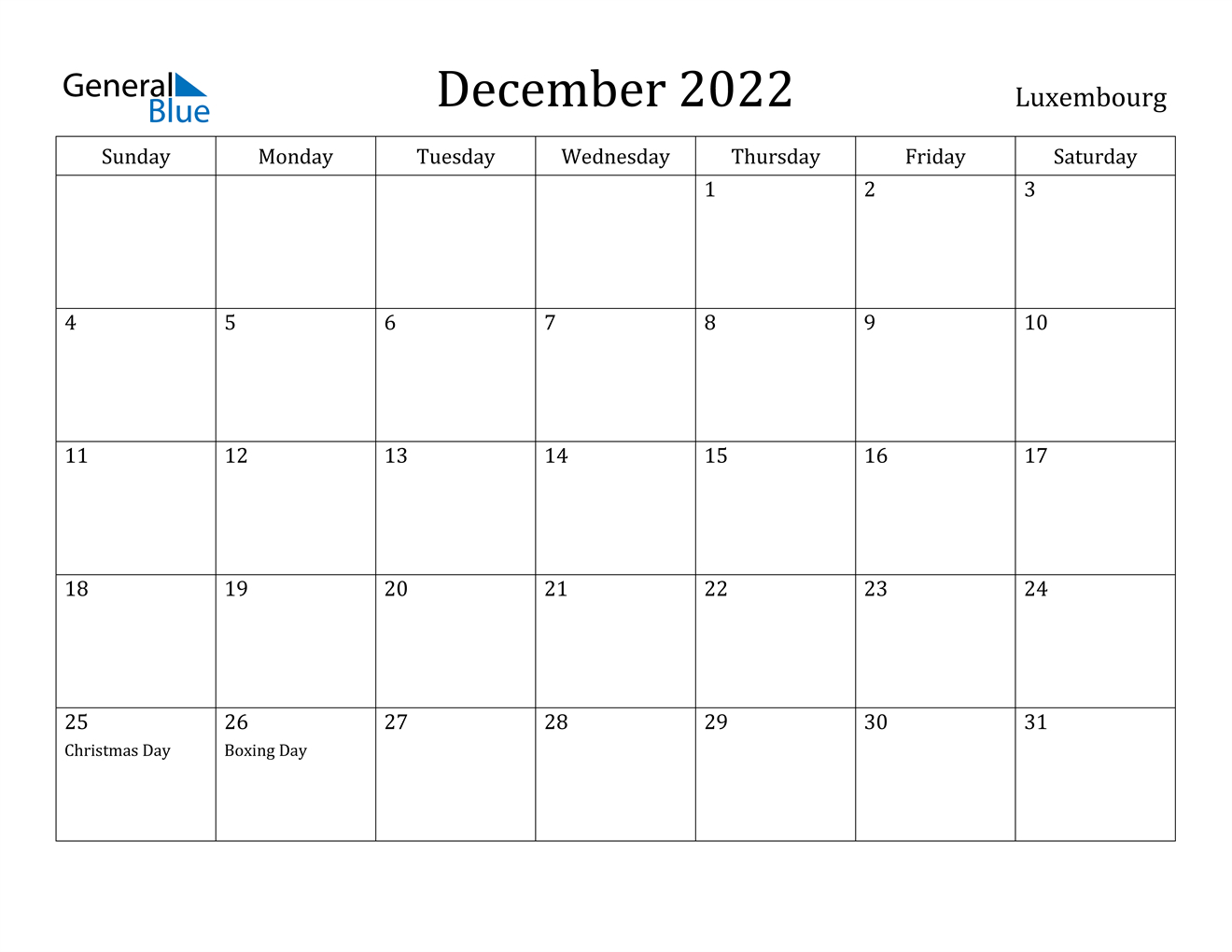 December 2022 Calendar - Luxembourg