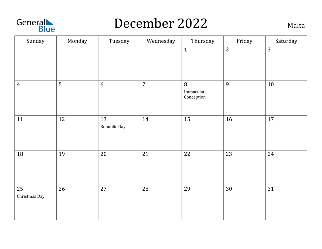 December 2022 Calendar - Malta