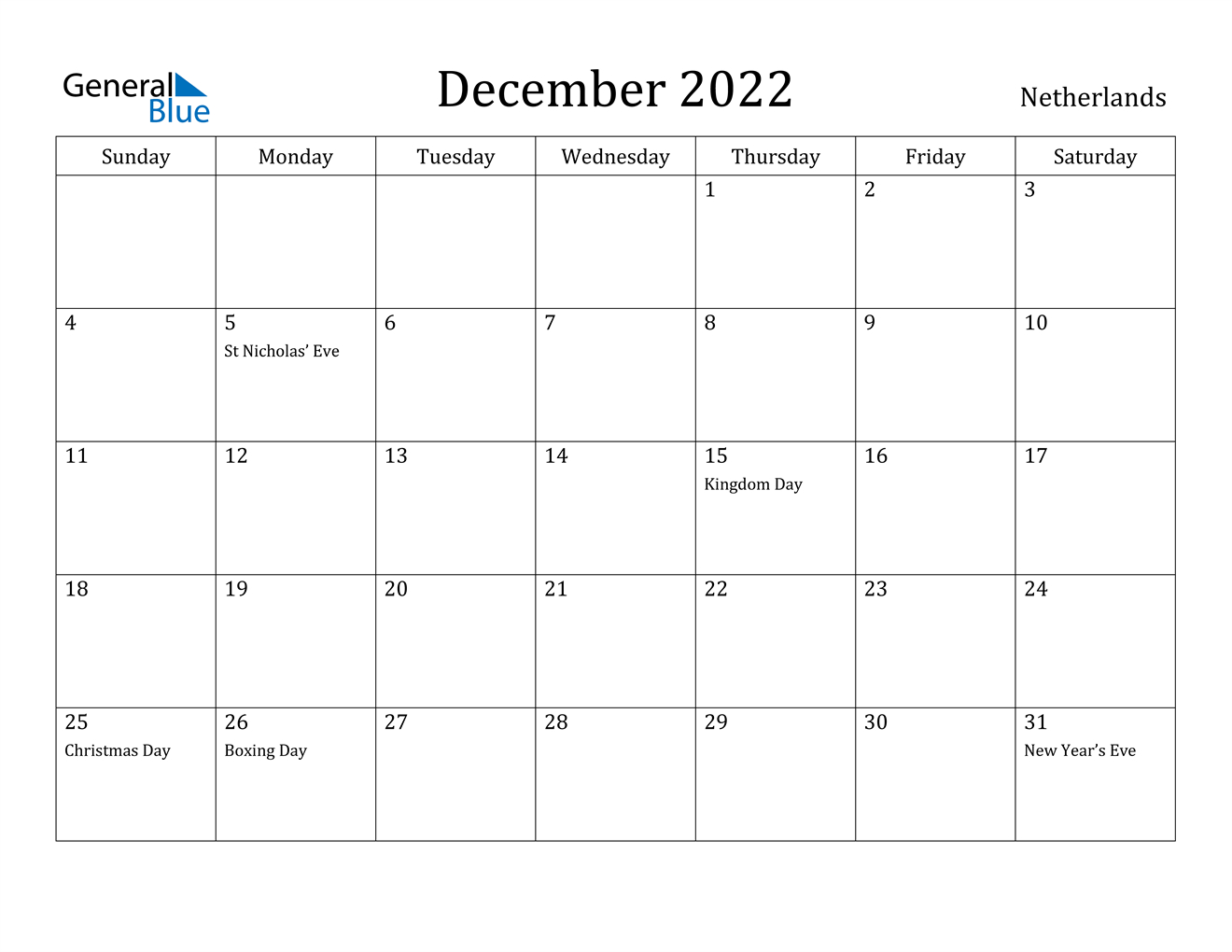 December 2022 Calendar - Netherlands
