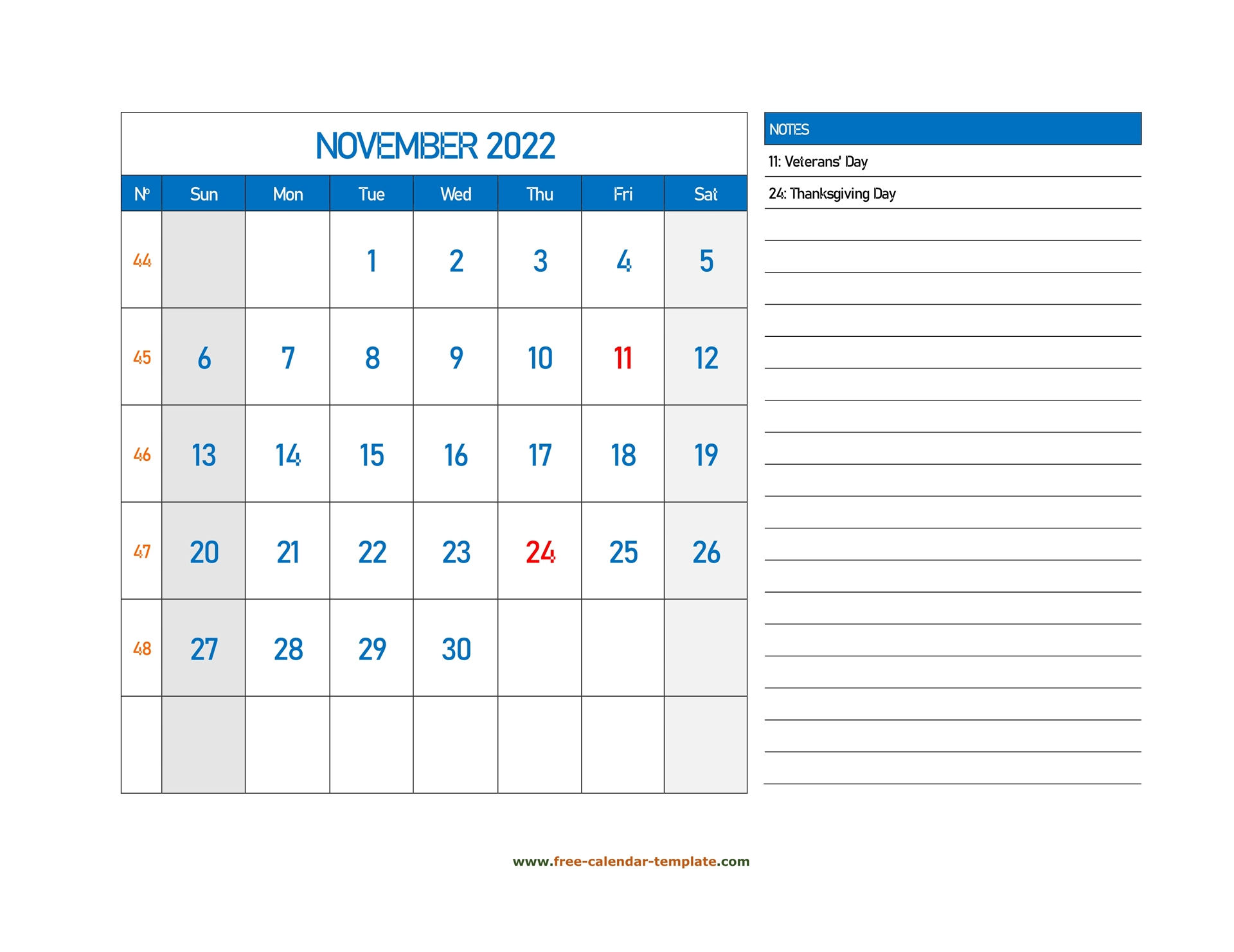 December 2022 Calendar: November