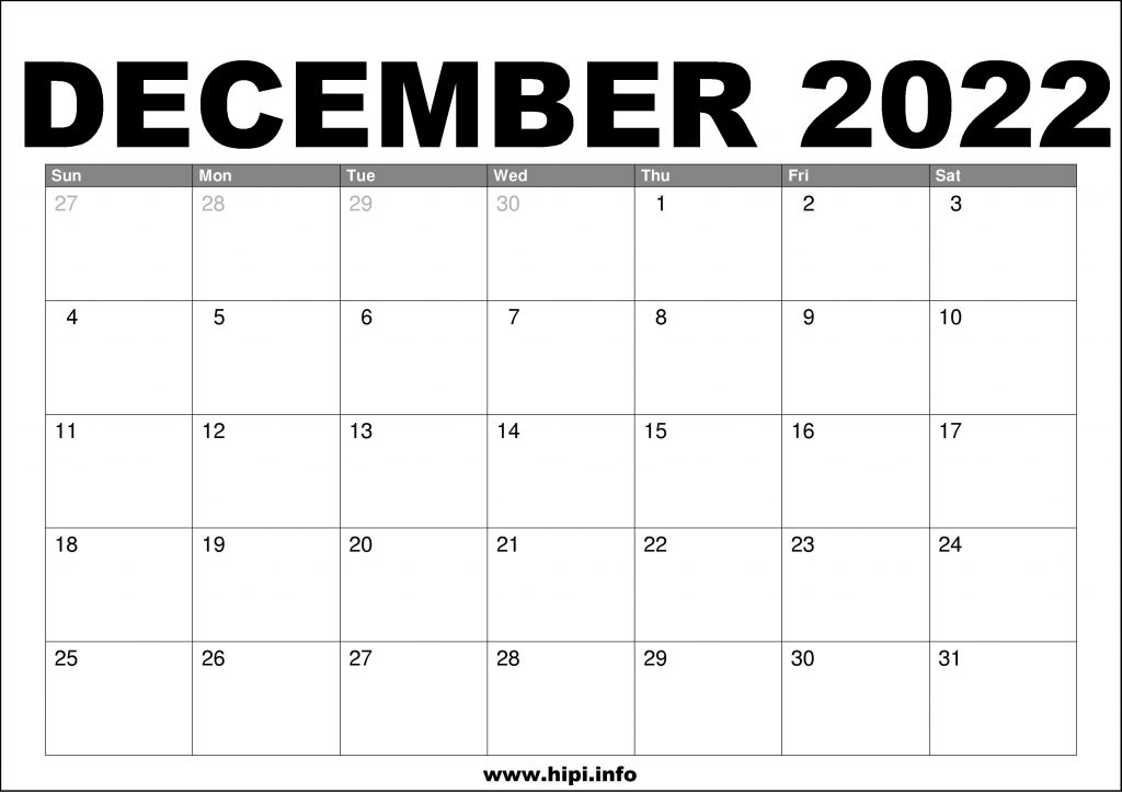 December 2022 Calendar Printable Free - Hipi