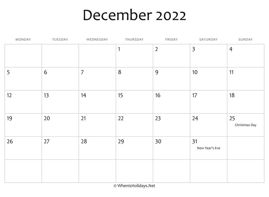 December 2022 Calendar Printable With Holidays