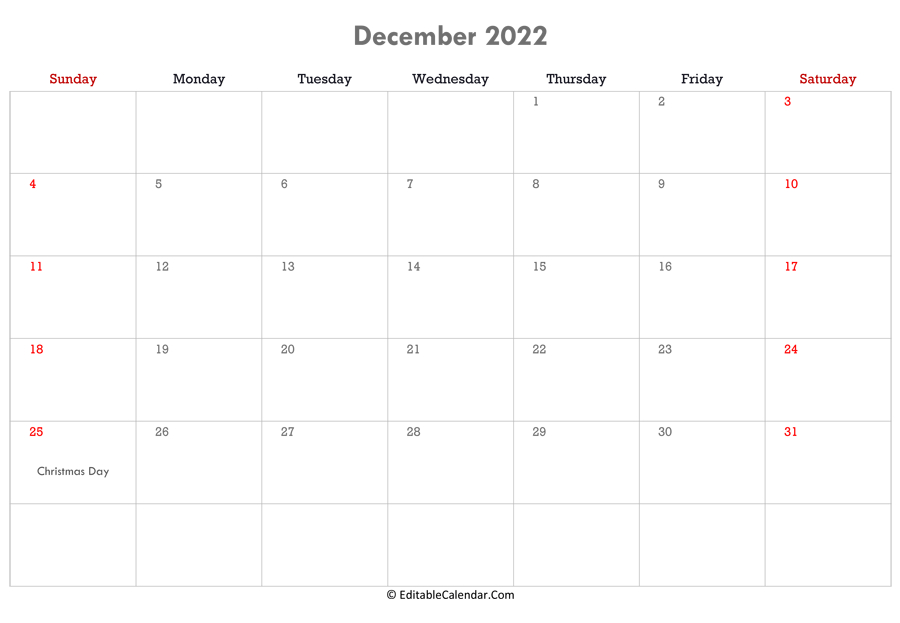 December 2022 Calendar Templates