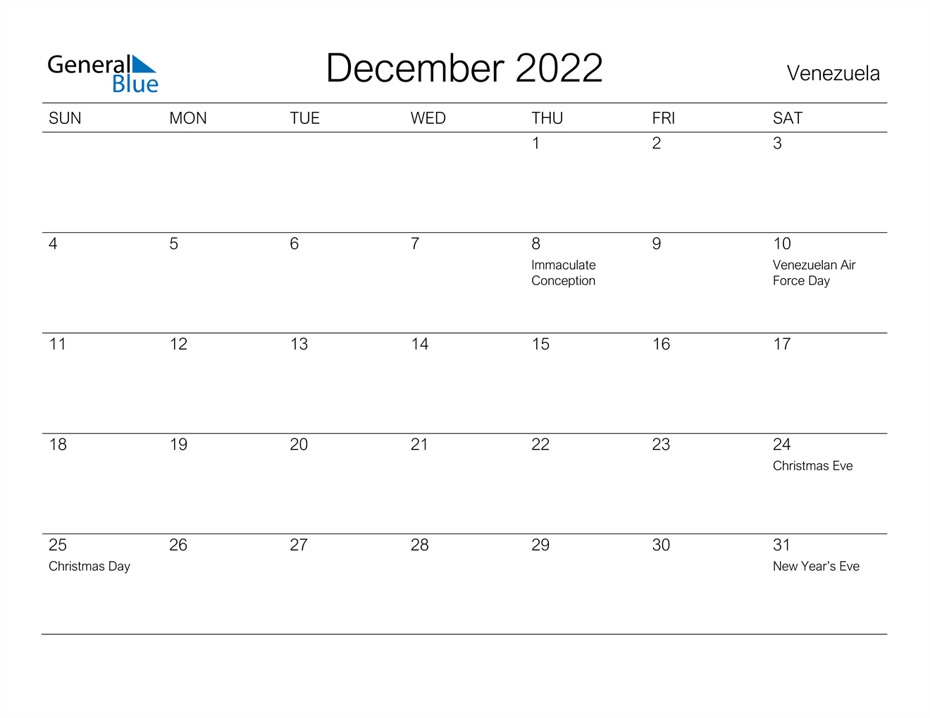December 2022 Calendar - Venezuela