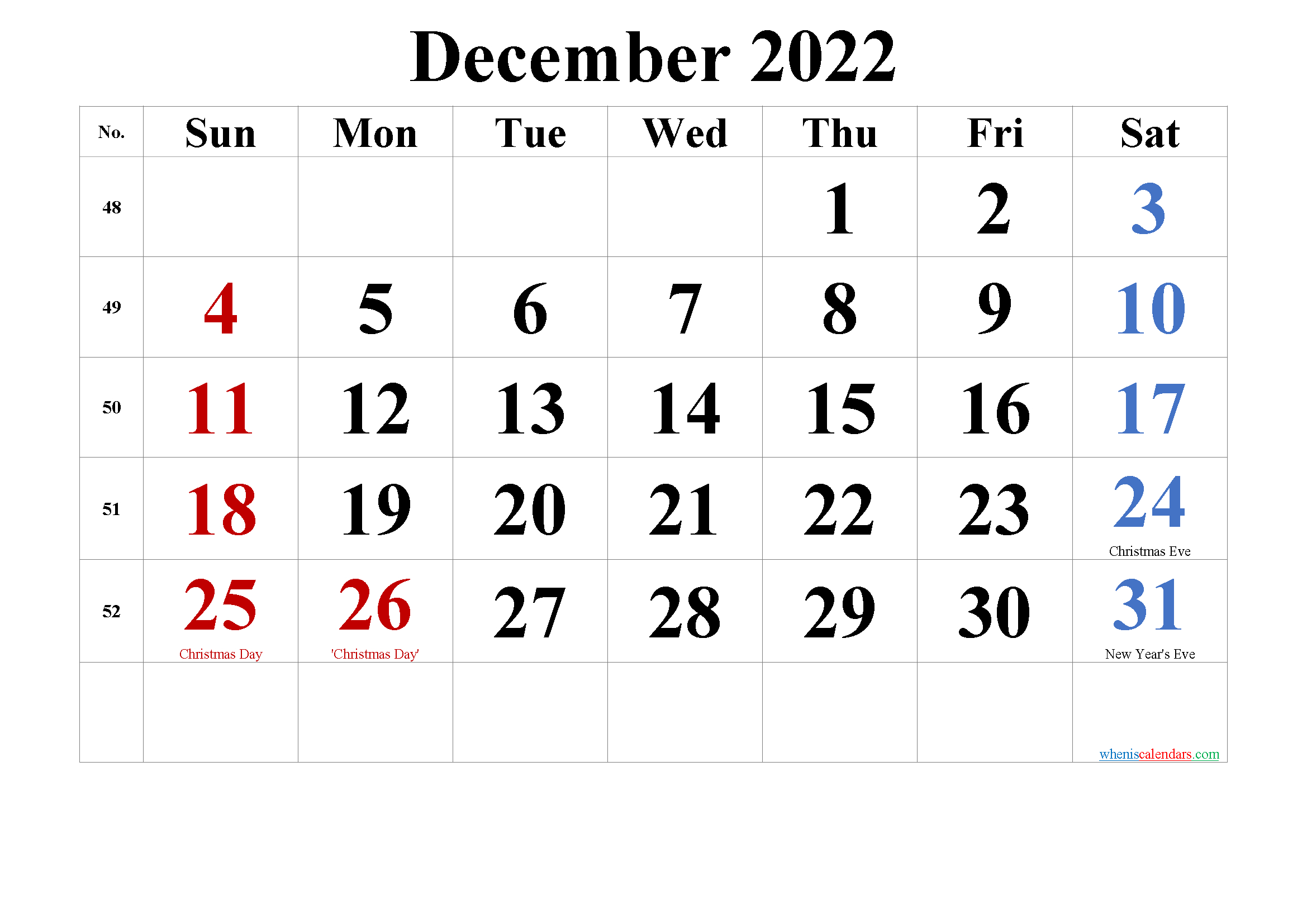 December 2022 Calendar Weekly - Calendar 2022