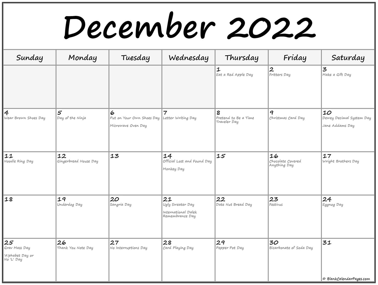 December 2022 Calendar With Holidays