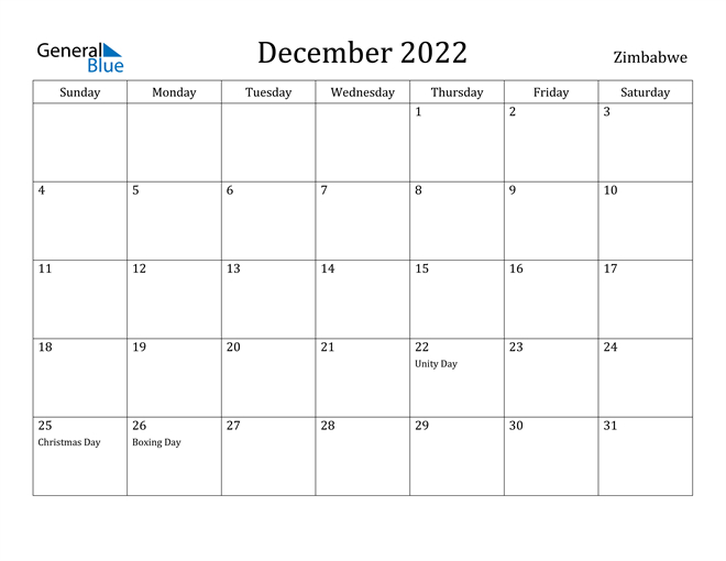 December 2022 Calendar - Zimbabwe