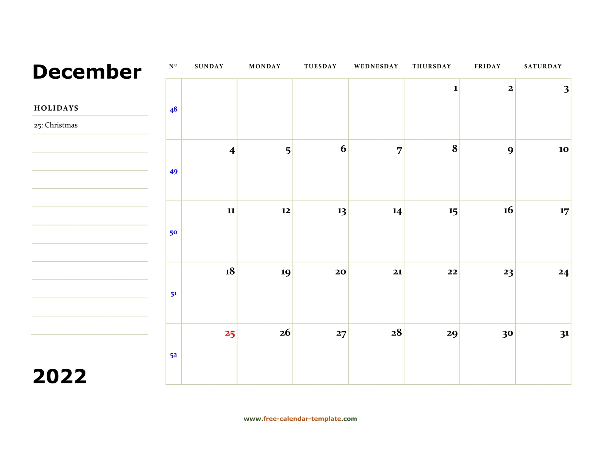 December 2022 Free Calendar Tempplate | Free-Calendar