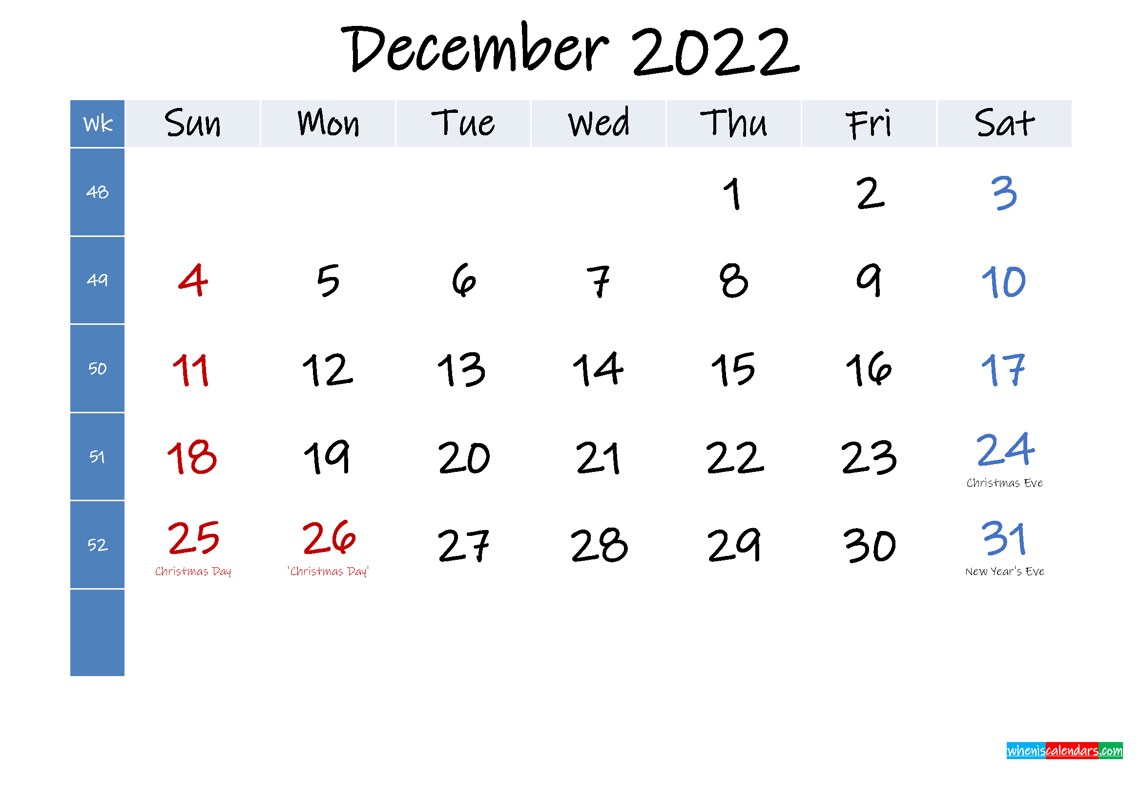 December 2022 Free Printable Calendar With Holidays