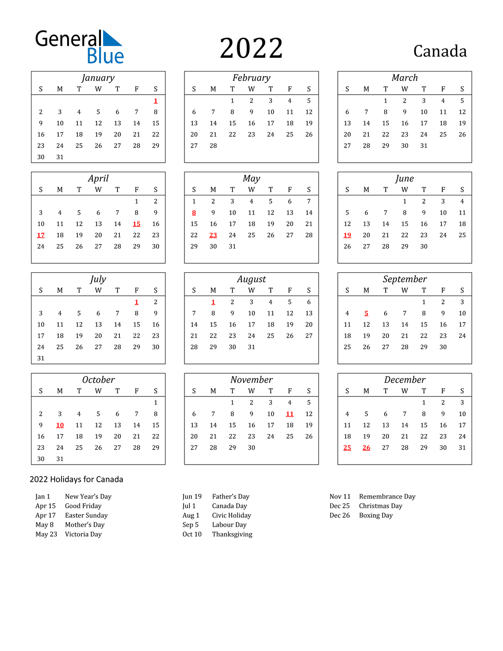 December 2022 January 2022 Calendar Canada