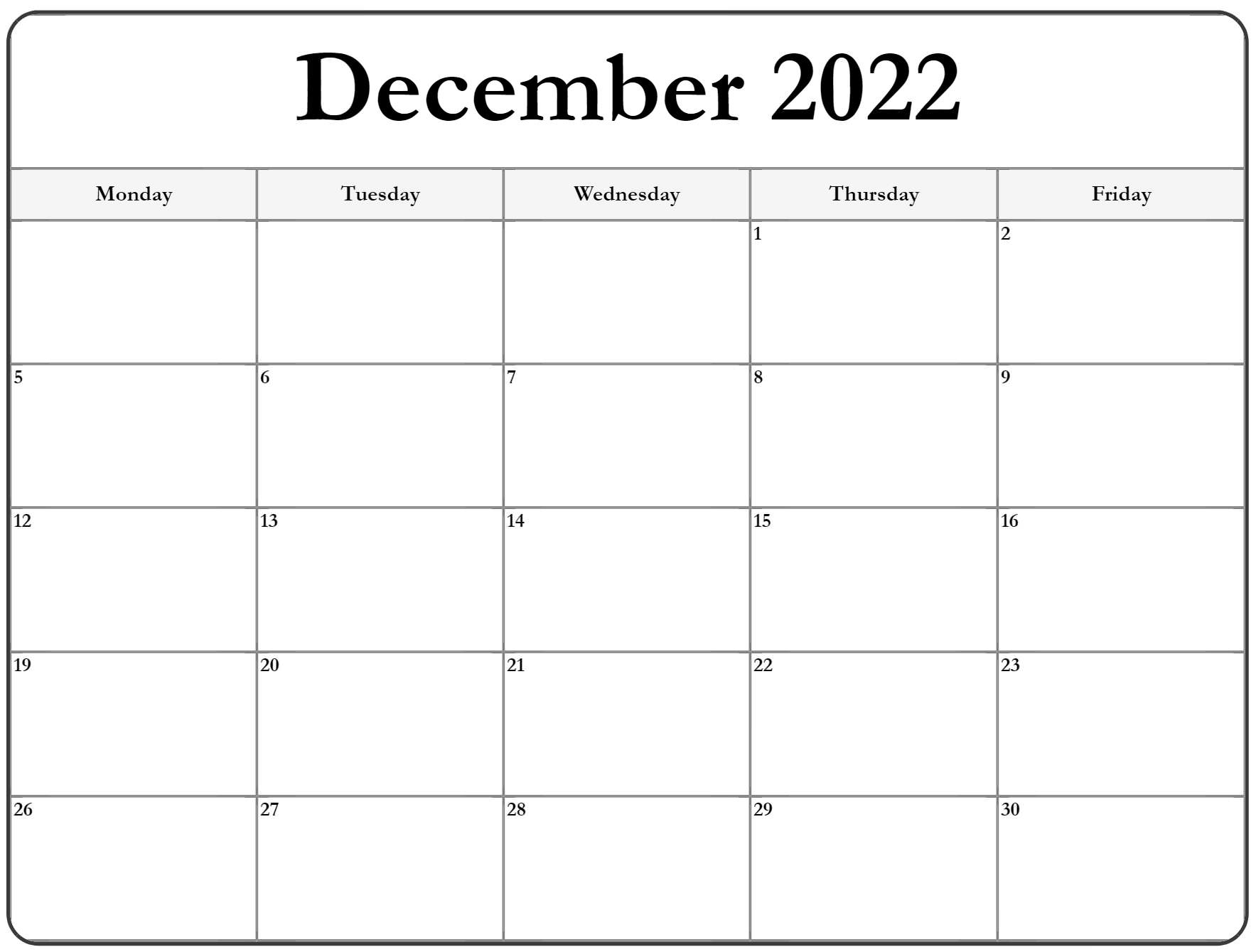 December 2022 Monday Calendar | Monday To Sunday