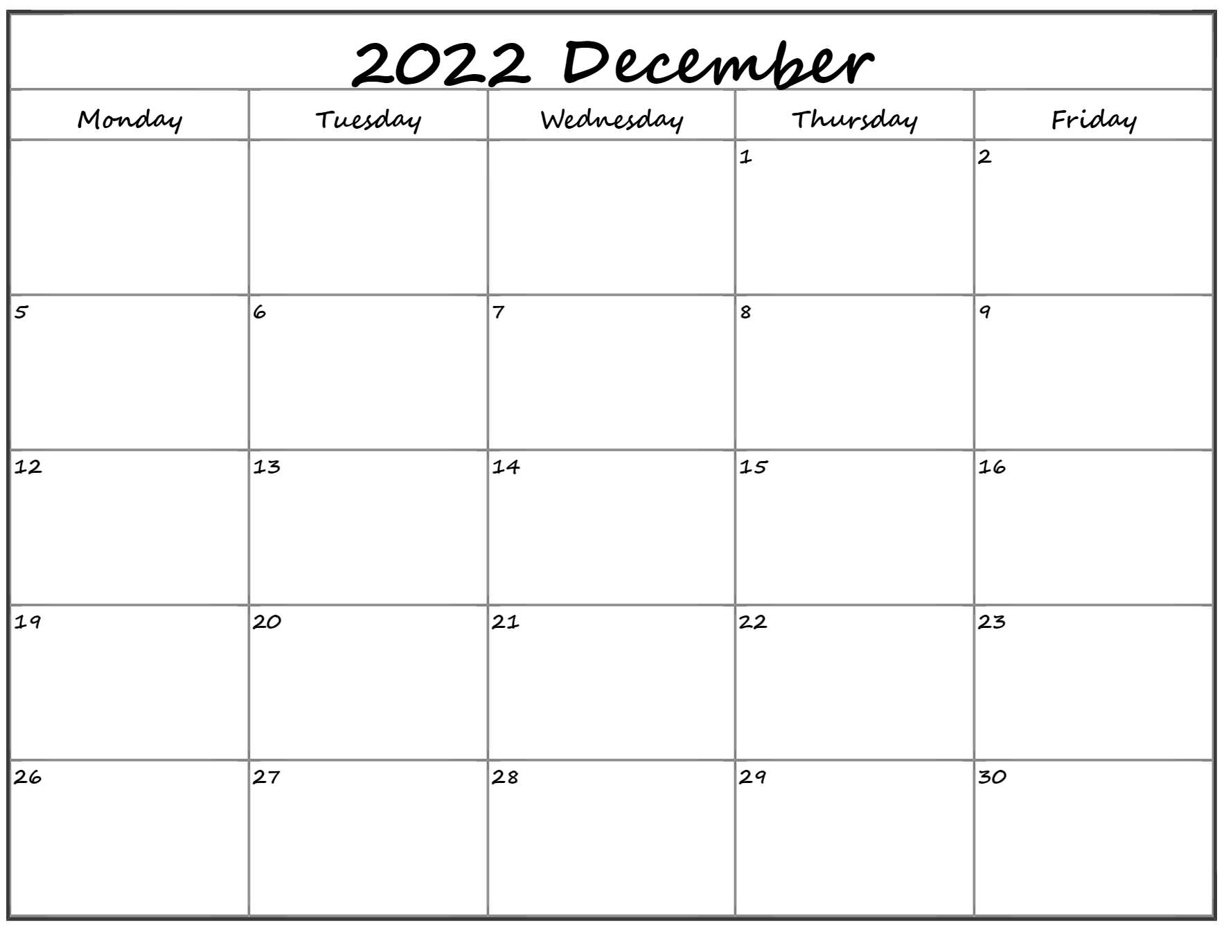 December 2022 Monday Calendar | Monday To Sunday