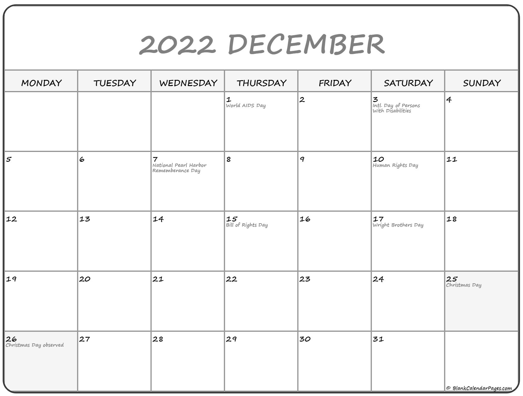 December 2022 Monday Calendar | Monday To Sunday