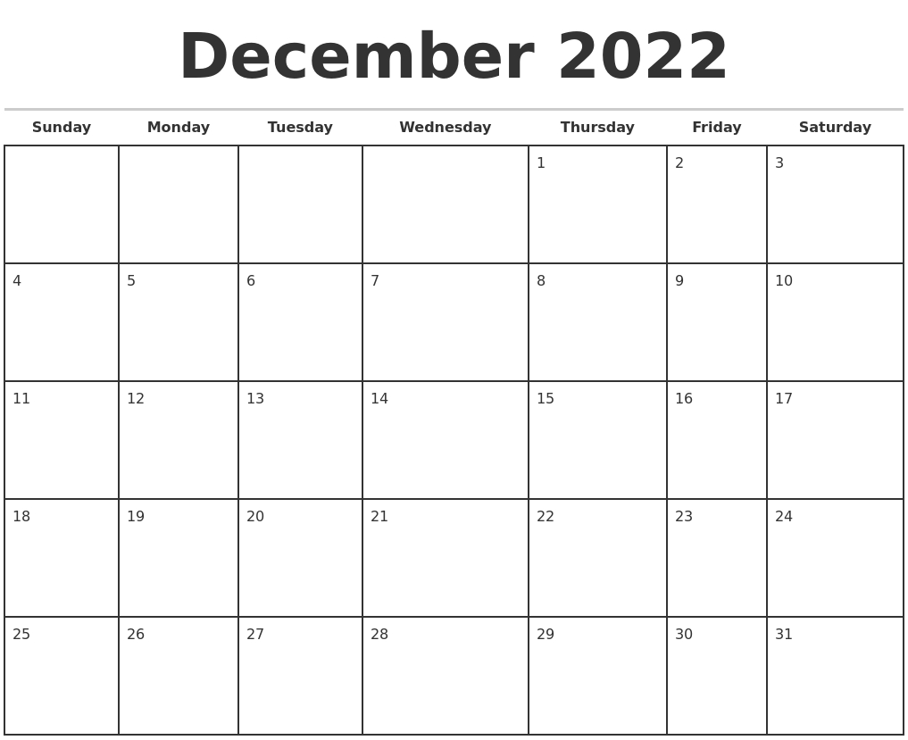 December 2022 Monthly Calendar Template