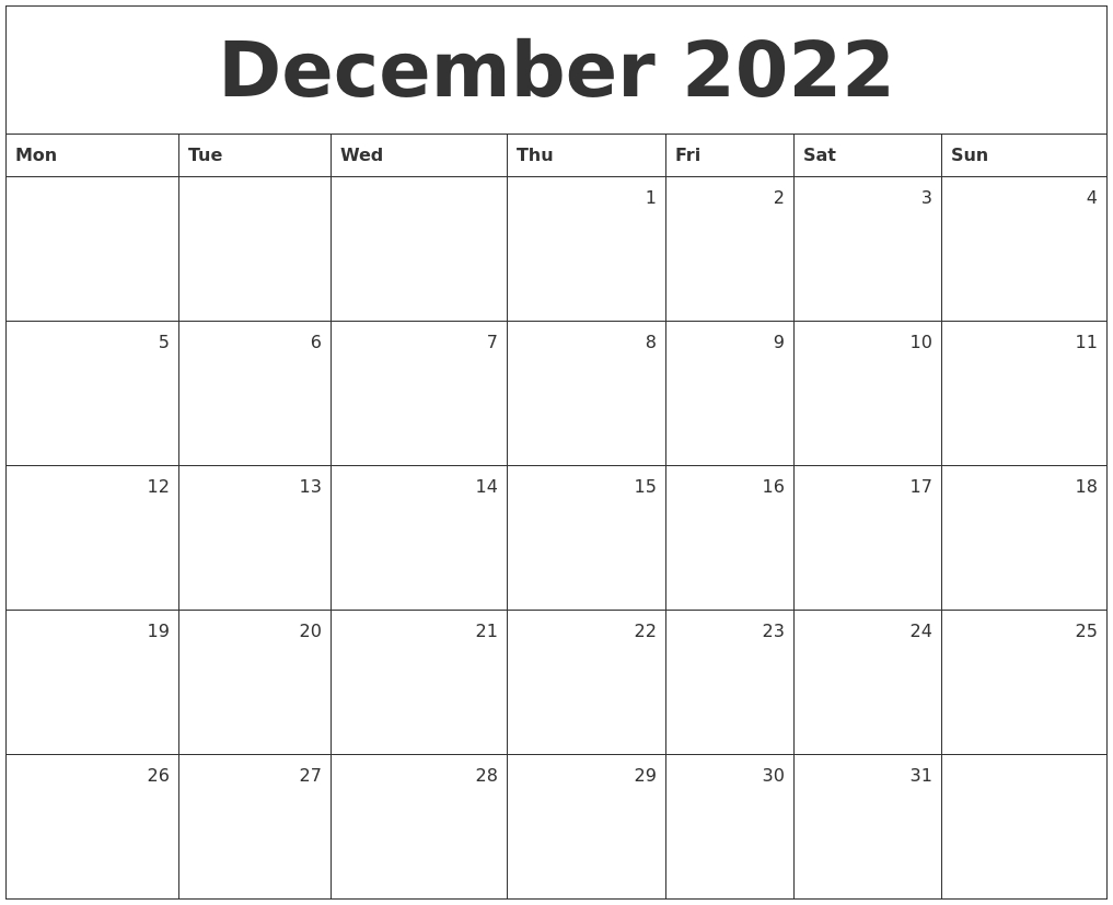 December 2022 Monthly Calendar