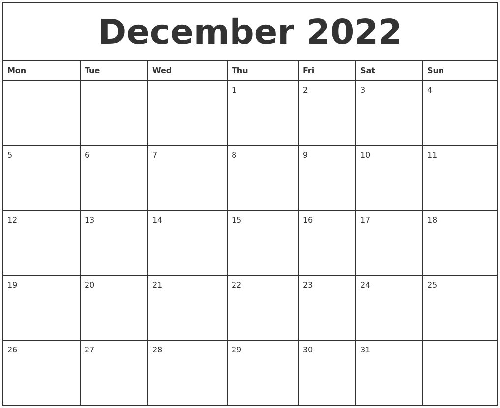 December 2022 Printable Monthly Calendar