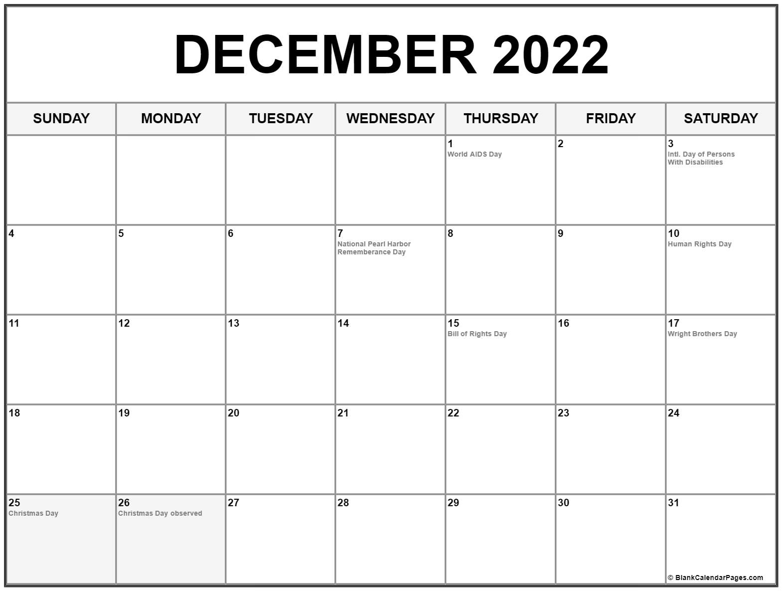 December 2022 With Holidays Calendar