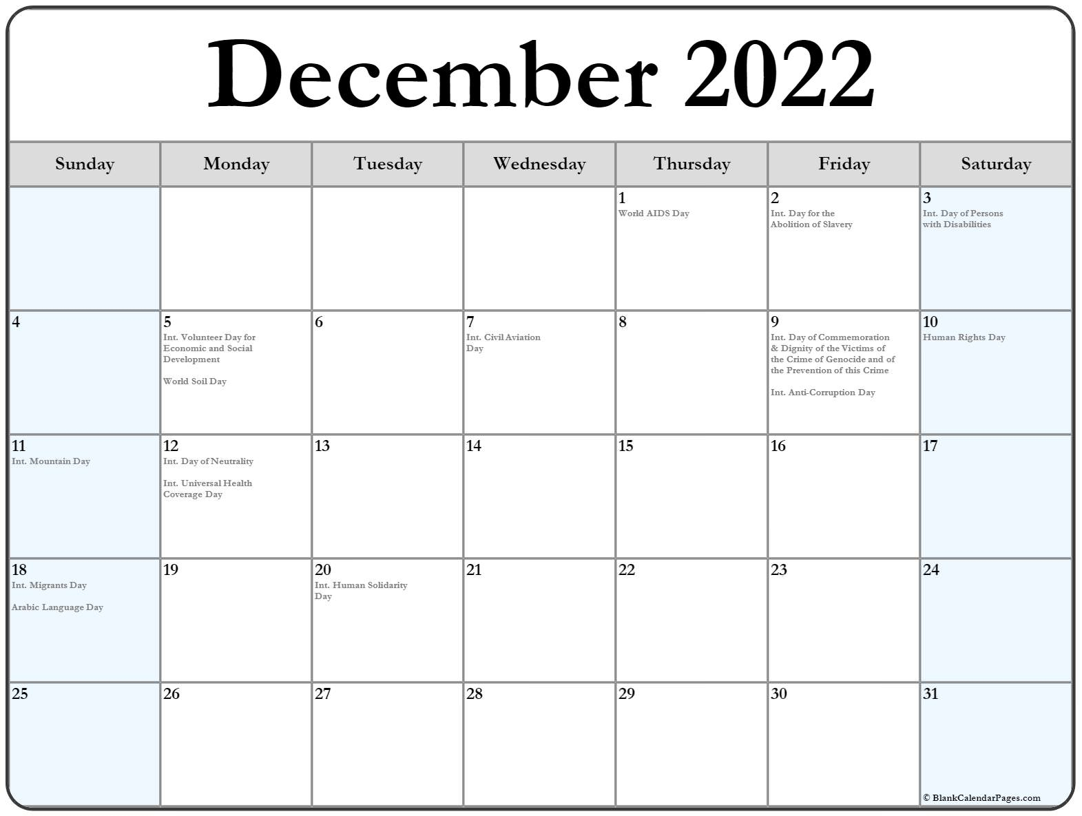 December 2022 With Holidays Calendar