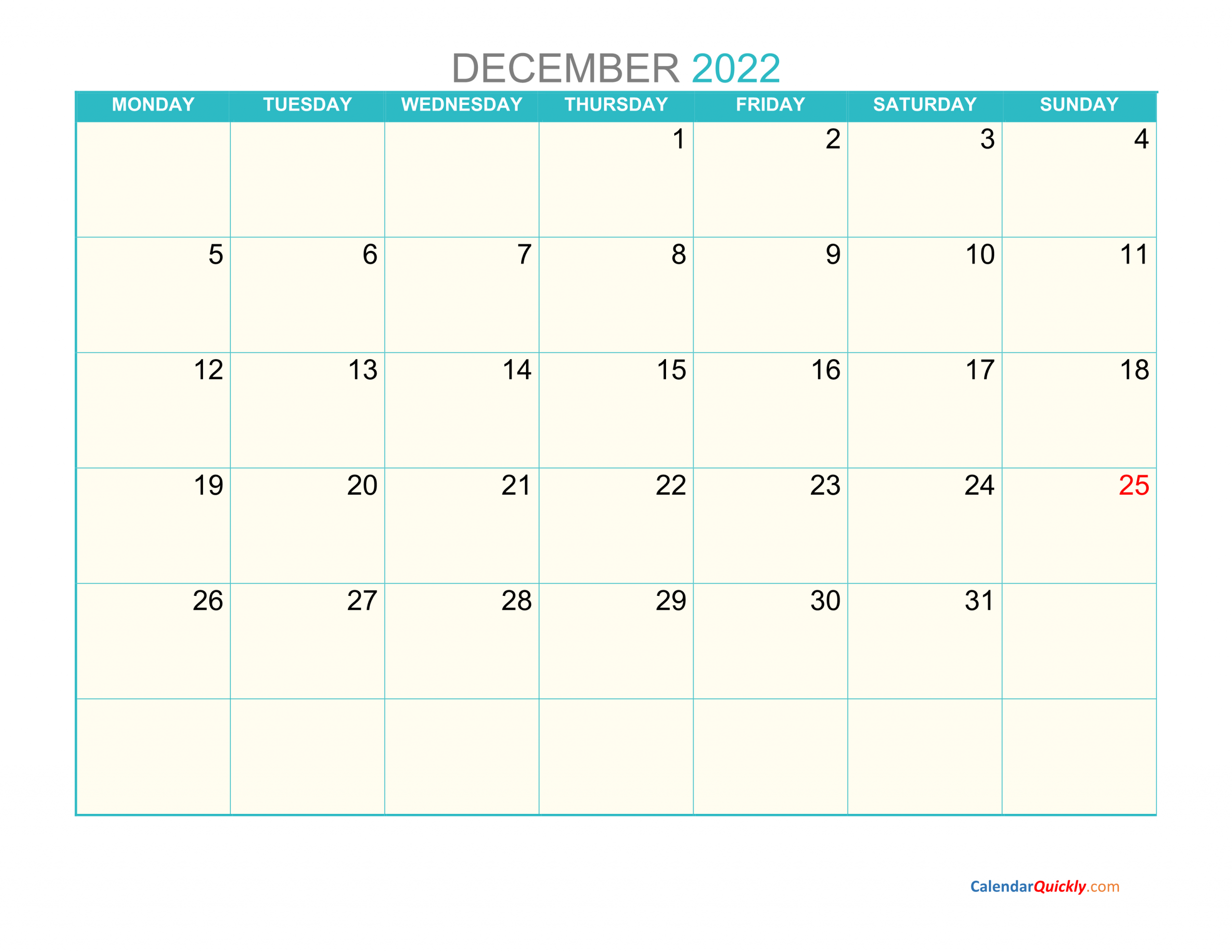 December Monday 2022 Calendar Printable | Calendar Quickly