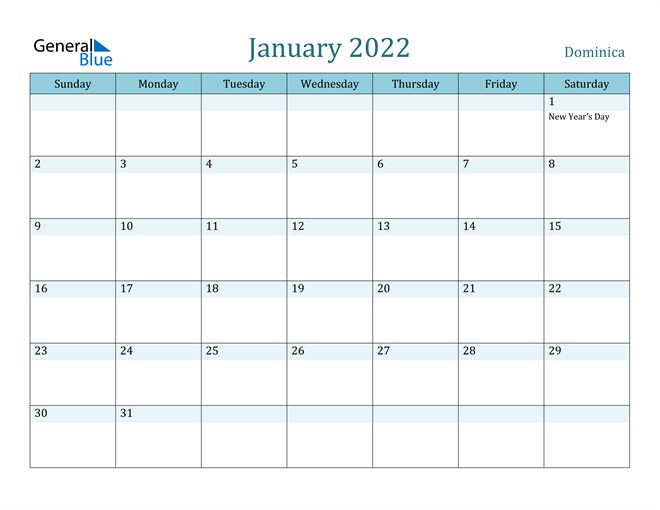 Dominica January 2022 Calendar With Holidays