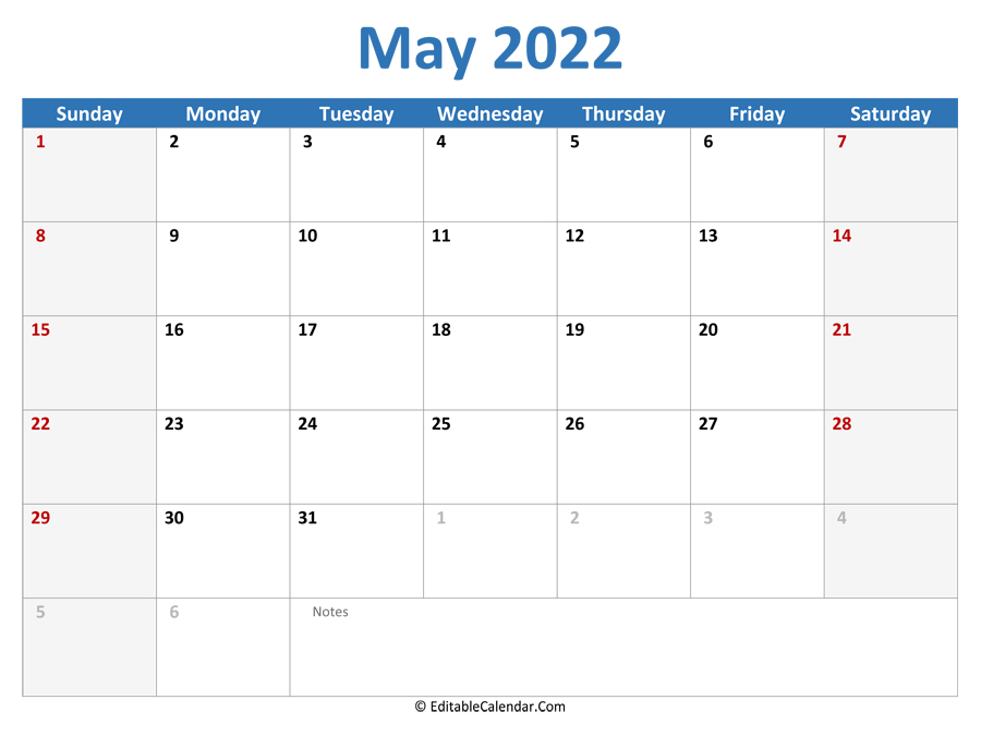 Download 2022 Printable Calendar May (Word Version)