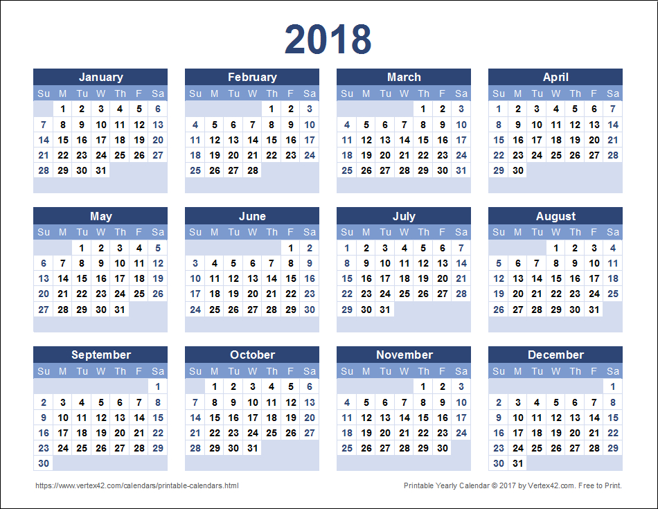Download A Free Printable 2018 Yearly Calendar From
