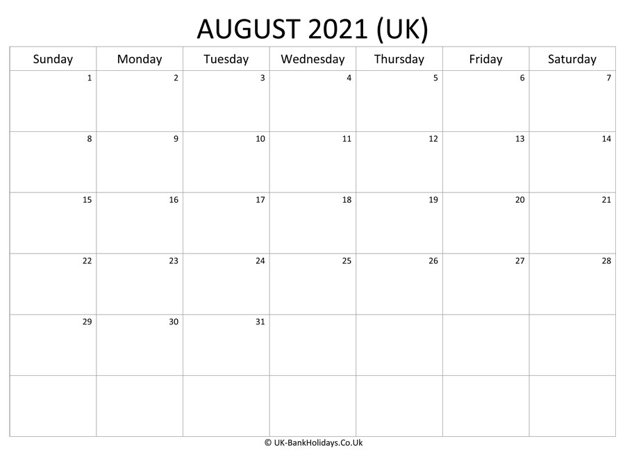 Download Blank Uk Calendar August 2021