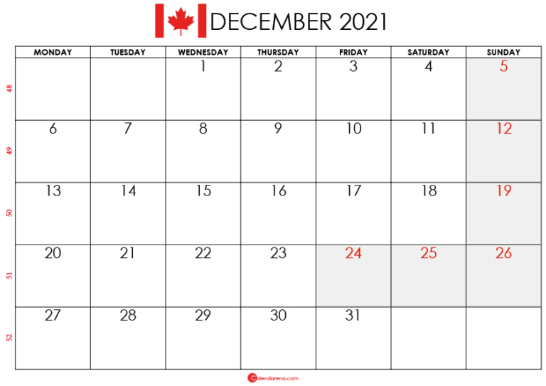 Download Free December 2021 Calendar Canada