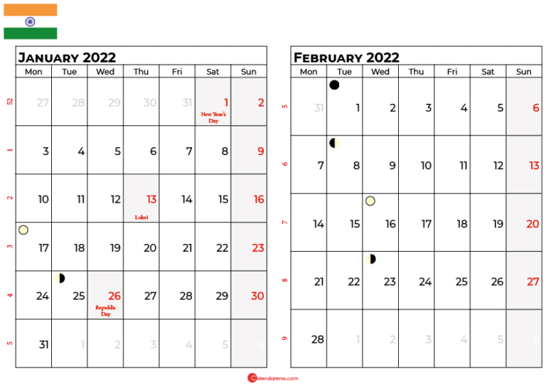 Download Free January 2022 Calendar India With Holidays