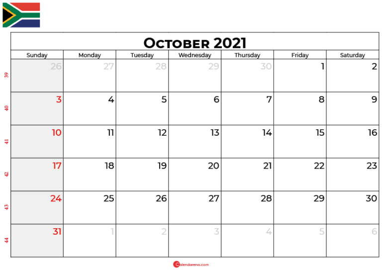 Download Free October 2021 Calendar South Africa