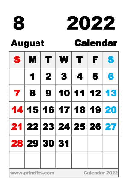 Download Printable August 2022 Calendar A6 Paper Size