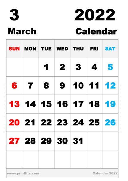 Download Printable March 2022 Calendar B4 Paper Size
