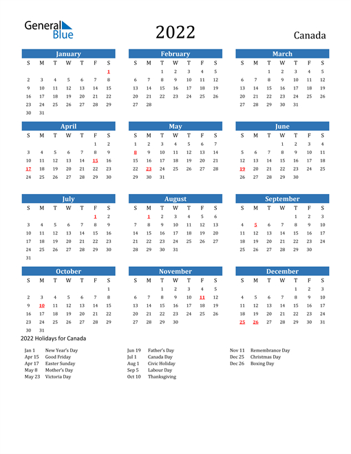 Downloadable Free Printable 2022 Calendar With Canadian