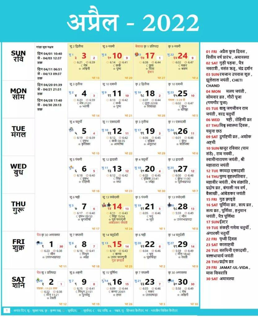 हिन्दू कैलेंडर अप्रैल 2022 के सभी त्यौहार एवं व्रत | Hindu