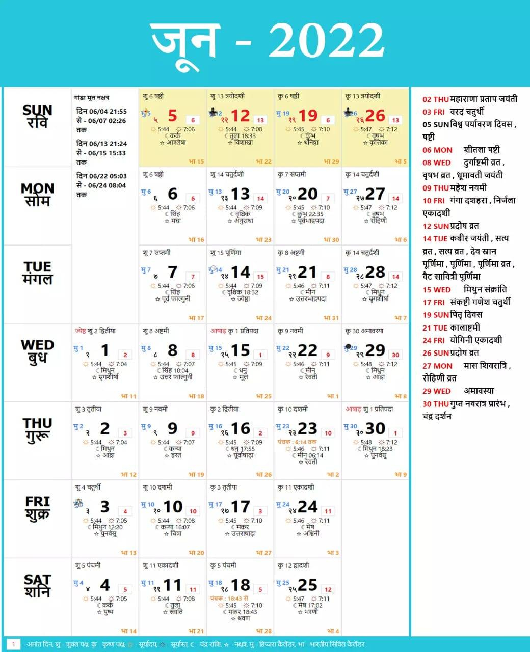 हिन्दू कैलेंडर जून 2022 के सभी त्यौहार एवं व्रत | Hindu