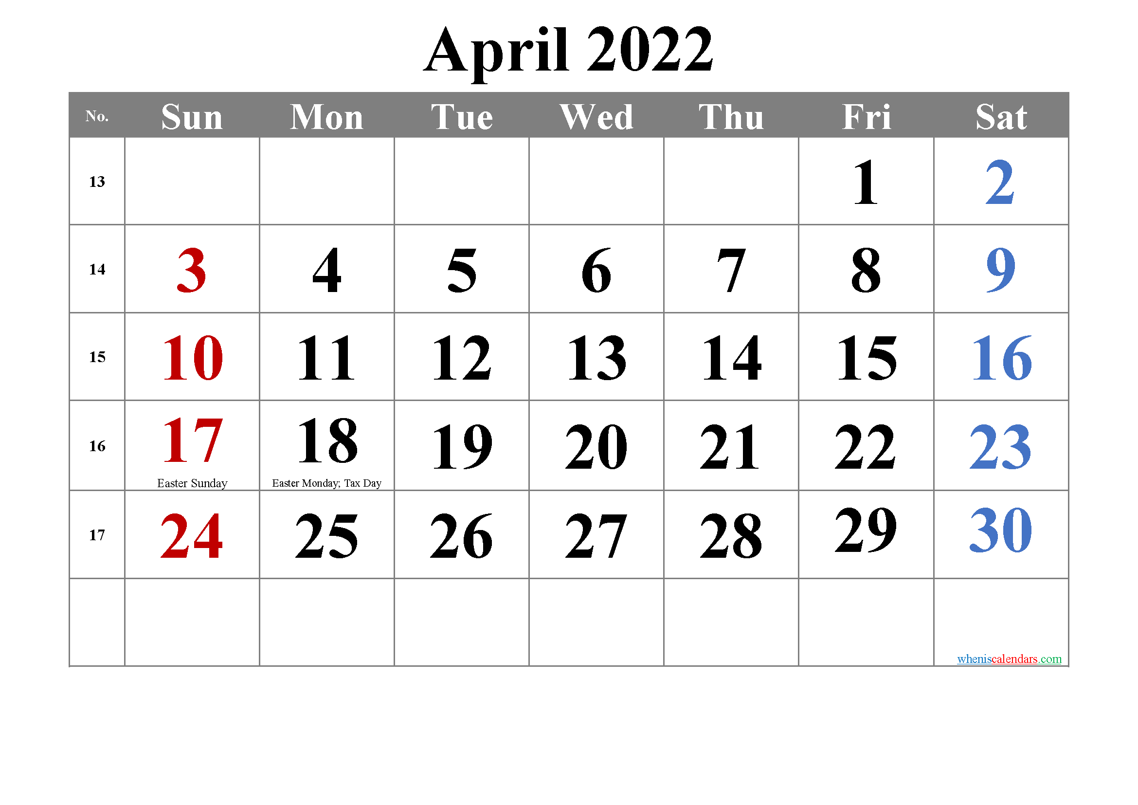 Easter 2022 Calendar November