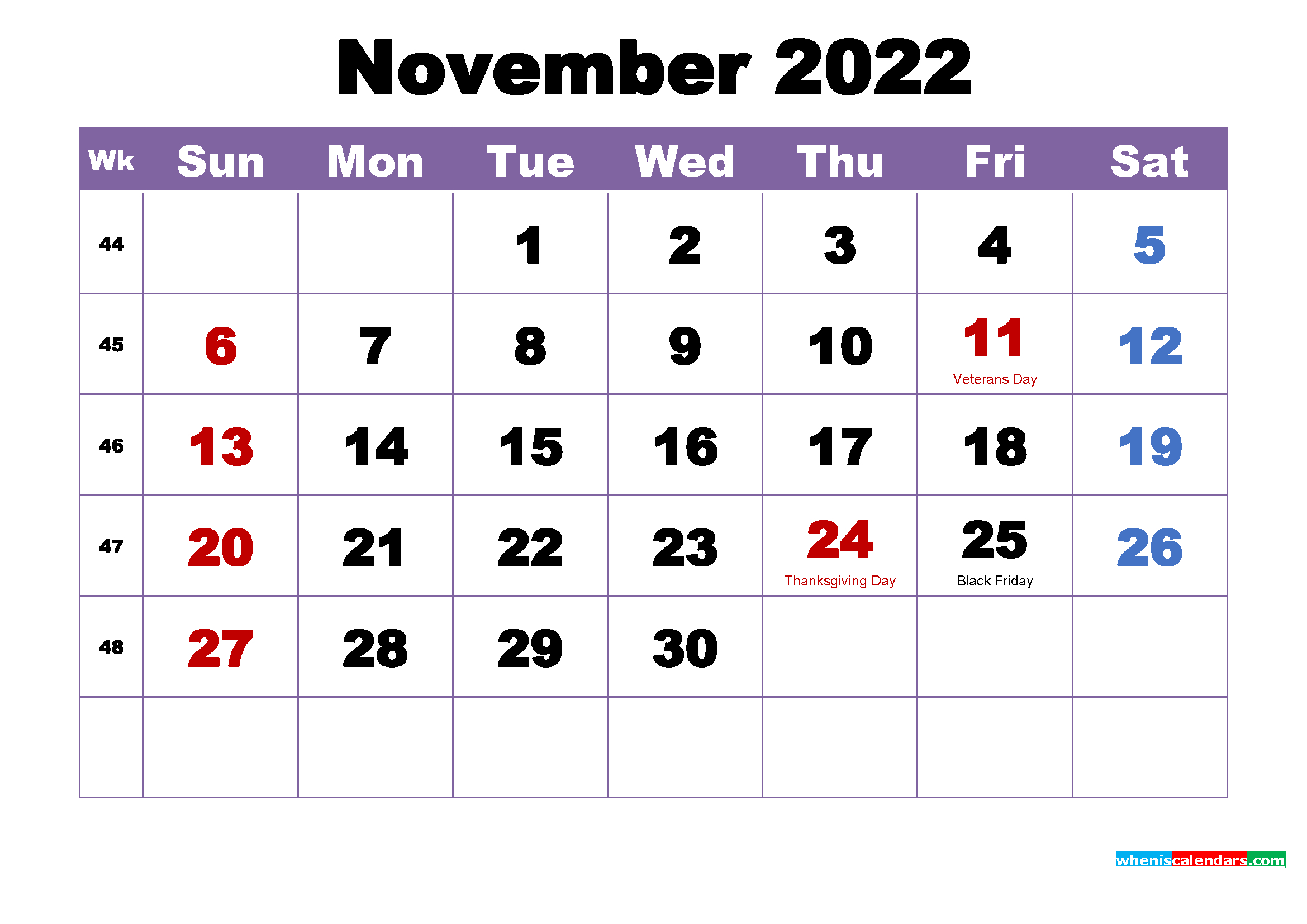Easter 2022 Calendar November