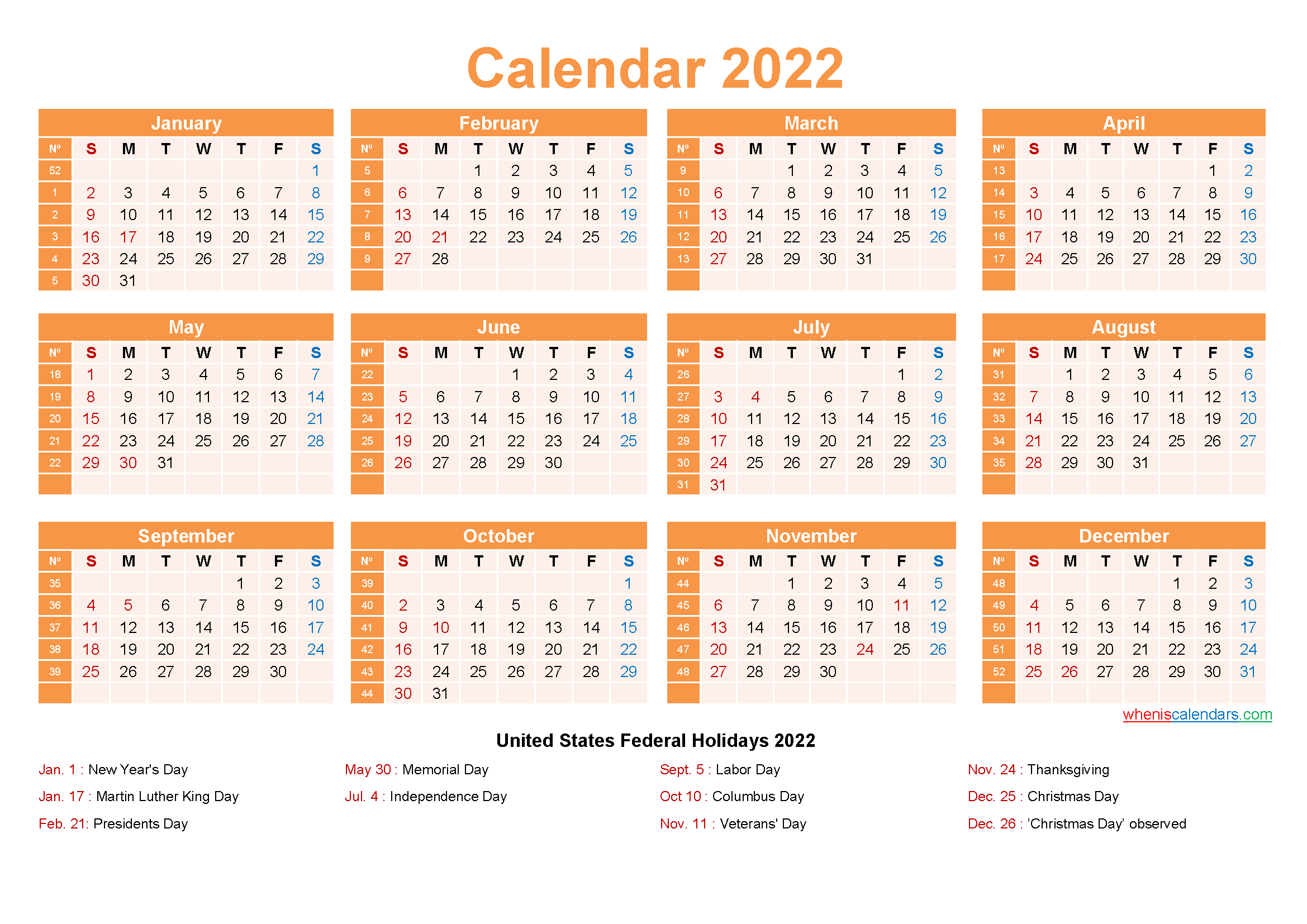 Editable 2022 Calendar By Weeks